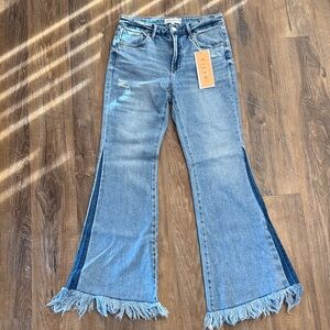 Risen Blue Flare Jeans with Fringe Hem
